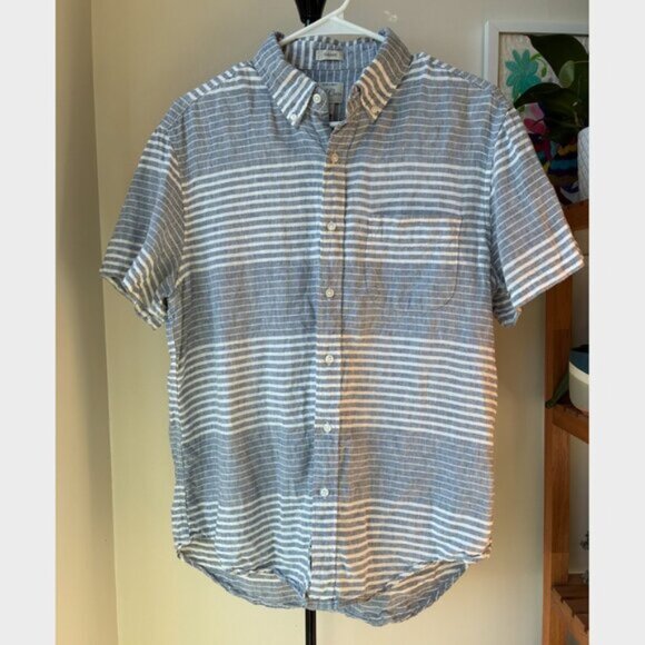 J. Crew Blue and White Striped Irish Linen Short Sleeve Button Up - Size M - Picture 1 of 7